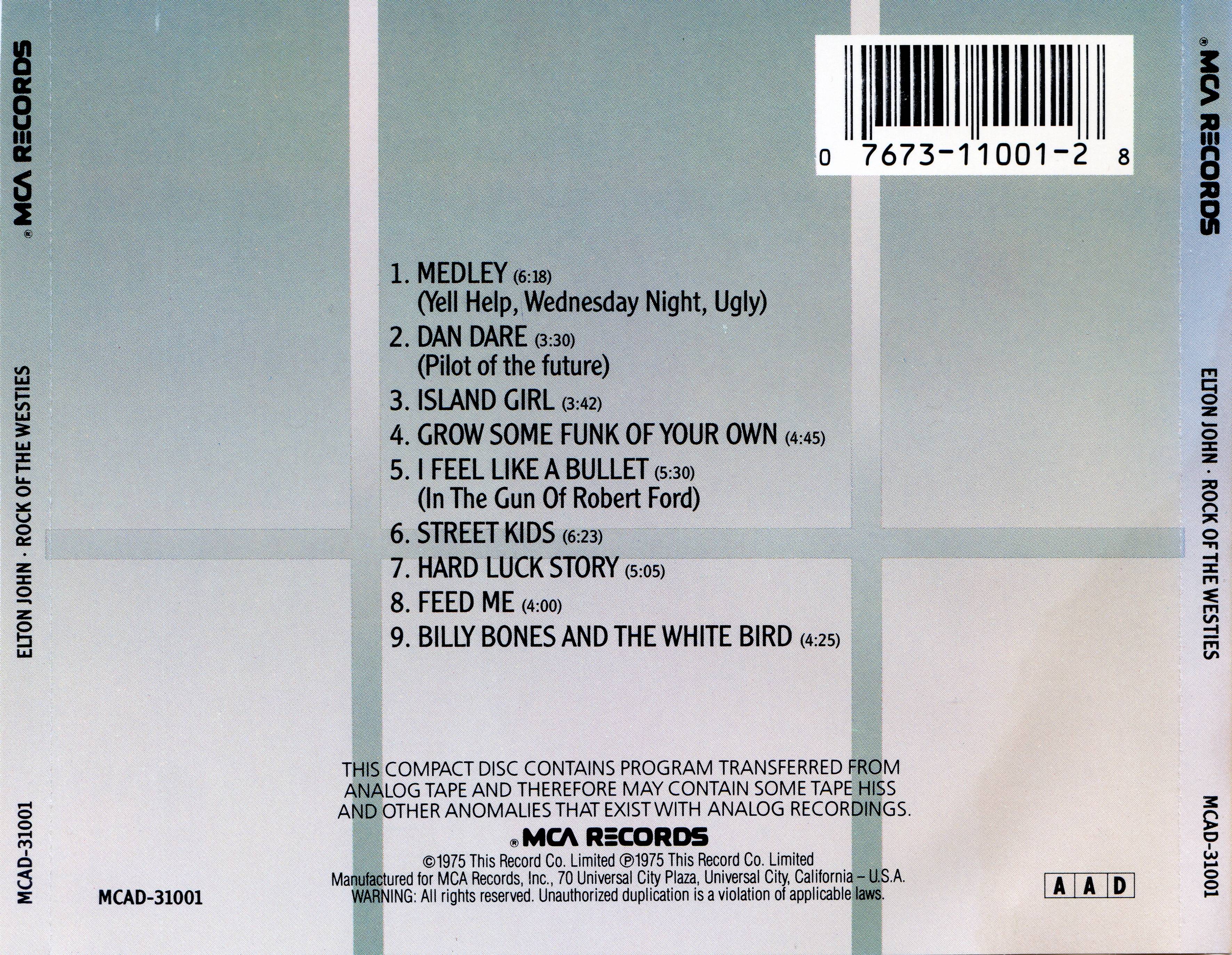 Elton John Rock Of The Westies : Back US